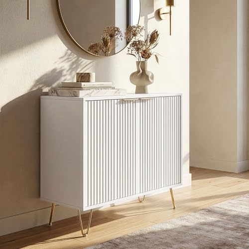 [en.casa] Beistellschrank Trondi Badezimmerschrank 75 x 80 x 40 cm Sideboard mit 2 geriffelten Türen Aufbewahrungsschrank 2 Innenfächer Wohnzimmerschrank Metallfüße Weiß
