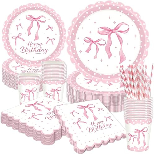YOUYIKE 80 stycken rosetter saker dekoration födelsedag, rosa festservis set med papperstallrikar servetter pappersmugg sugrör, födelsedag födelsedagsdekoration rosa party tallrik papperstallrik och