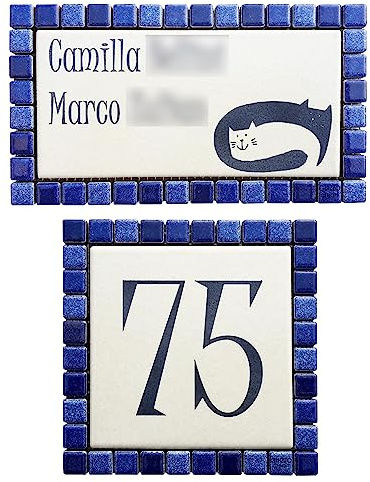 GUIZZO Creart - Targa Personalizzata Nomi in Ceramica 17x9.5H cm + Numero Civico Esterno 12x12H cm, Set Targhetta Personalizzata Cornice Mosaico + Numeri Civici Esterni, Targhetta Porta Ingresso Blu