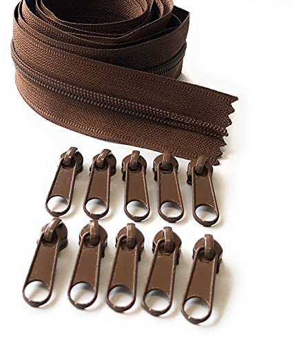 ADS Zipper Cremallera continua de nailon n.º 5 con deslizadores # 5 con cremallera de cadena en rollo con 10 tiradores (marrón (castaño - 300), 196.8 - 5 metros)