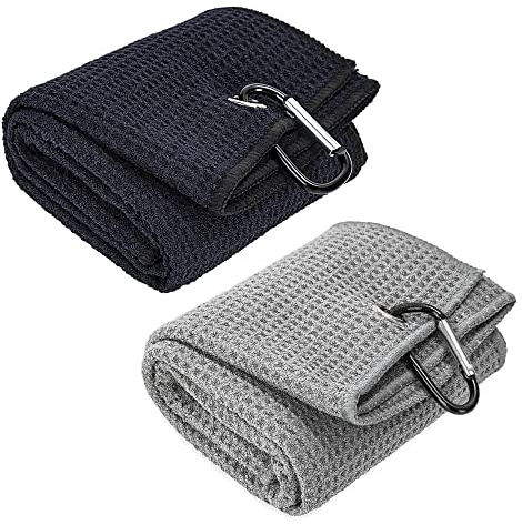 MoonSing Gefaltetes Golfhandtuch, 2 Stücke Tri-Fold Sporthandtuch Mikrofasertuch Golfhandtücher Waffel Muster Golf Towel Tuch mit Karabiner für Fitness Sport Yoga Laufen Fahrrad Camping Gym(60x40cm)