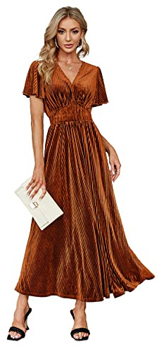 Simplee Women’s Short Sleeve Velvet Maxi Dress V Neck Formal Dress(L Earthy Orange)