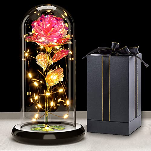 Touloube Galaxy Rose for Her, Light Up Rose Flowers, Artificial Flower Rose Gift for Women Mom Wife Lover Daughter, Rose Flower in Glass Dome Present for Wedding, Birthday, Anniversary