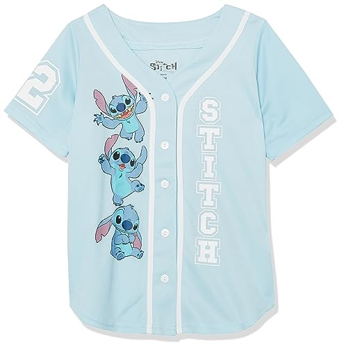 Disney Girls Lilo & Stitch Baseball Jersey Mesh Button Down Shirt Light Blue/White