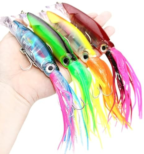 OriGlam 4pcs Simulation Squid Fishing Lures Bait Kit, Octopus Swimbait Squid Swimbait Hard Lures, Artificial Bait Squid Octopus Skirts Saltwater Fishing Lure