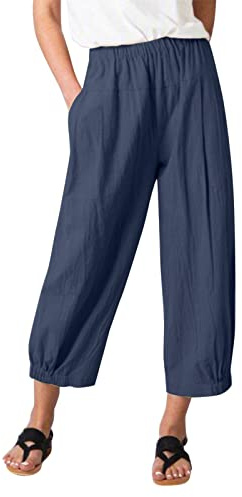 Pantaloni Pinocchietto Donna Estivi Pantaloni Lunghi Elastici in Lino di Cotone Tinta Unita Moda Donna Pantaloni da Spiaggia per Il Tempo Libero Pantaloni Corti Pantaloni 2024