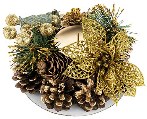 Adventsgesteck Künstlich,Weihnachtskranz mit Kerzenhalter,für Weihnachtsdeko Innen,mit Goldenen Durchbrochenen Blumen,ca.15cm,für Hengsong
