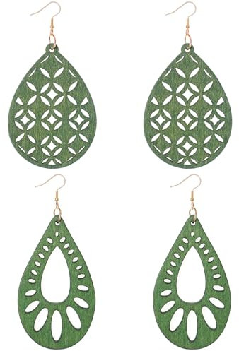 Rumnoke Wood Earrings 2 Pairs Natural Wooden Earrings for Women Teardrop Dangle Earring Gifts Hollow Green