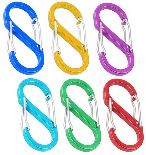 6-Pack S-Shape Carabiner Clips - Dual Spring & Ring Locking - Compact for Hiking, Camping, Fishing, Travel, Home Use - 6 Colours