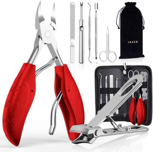 INXEN Profi Maniküre Nagelknipser Set, Scharf Nagelzange für Dicke Eingewachsene Fußnägel, Edelstahl Pediküre Fusspflege Nagelknipser, 7 Pcs Maniküre Set mit Nagelschere Nagelhautschere Nagelfeile,Rot