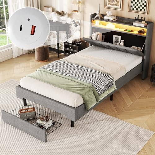 Letto imbottito 90 x 200 cm, piano con cassetto, letto singolo con lampada termica a LED, presa USB, rete a doghe, testiera apribile, vano portaoggetti integrato, colore: grigio