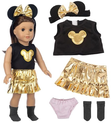 Xerteam Glänzende 5 Teilig Puppenkleidung für 35-43 cm Babypuppen mit süßem Muster, Golden Puppenkleider und Puppenzubehör—Schleife Stirnband Oberteil Rock Unterwäsche Socken, Geschenk für Mädchen