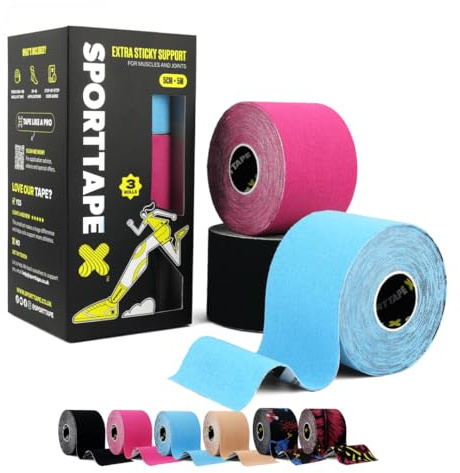 SPORTTAPE 3 Rollos Cinta Kinesiológica Mezclado 5cm x 5m – Vendaje Muscular y Deportivo para Rodilla, Tobillo, Lesiones y Rehabilitación – Adhesiva, Impermeable e Hipoalergénica