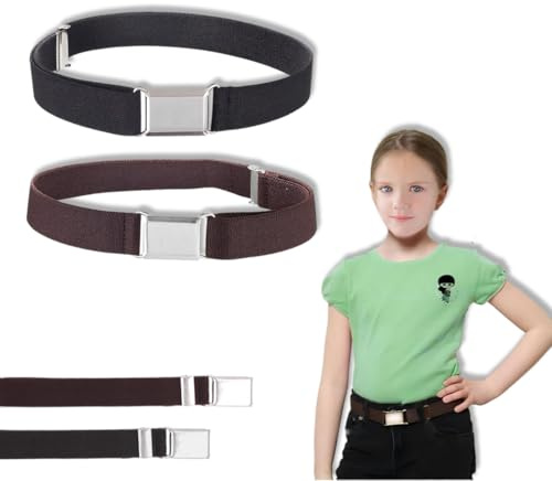 KEWUF Cinturón Niño, Cinturón Elástico para Niños, Ajustable, Correa Niños, Con Hebilla de Metal, Adecuado para Vaqueros, Pantalones Cortos, Pantalones (2 Piezas, Negro + Marrón)