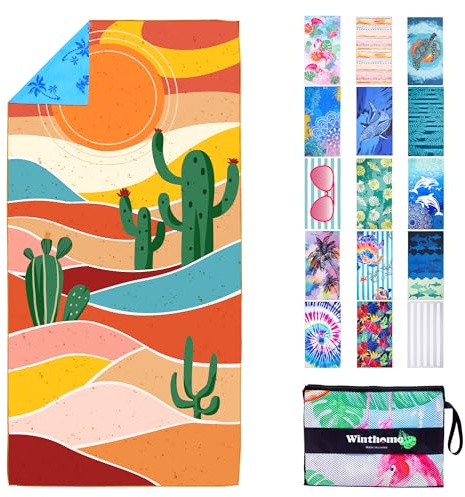 Winthome Serviette de Plage à Impression Écologique Recto Verso sans Eau, Drap de Plage Microfibre à Séchage Rapide, Légère, Anti-Sable, pour Plage, Piscine, Camping, avec Sac, Oeko(180x90cm,1 Pièce)