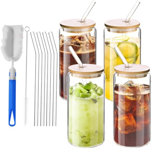 ACOMTUO 4 Pièces Verre avec Paille, 500 ml de Verre avec Couvercle et Paille, Verres a Matcha avec Couvercle et Pailles pour Café Glacé, Cocktails et Verres à Smoothie