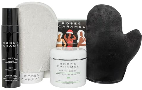 Rose & Caramel Self Tanning Gift Set - Tanning Mousse, Purity Excel 440ml, Tanning Mitt & Hammam Glove (Full Self Tanning Gift Set)