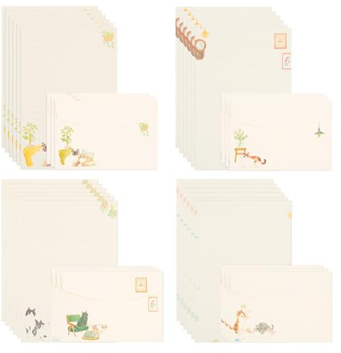 Candcamp Letter Writing Set with 48 Pcs Writing Paper and 24 Pcs Envelopes | A5, Cat pattern, Two-Sided Tape, Invitation Poem Greeting Cards, Include Sticker, Stationery Set