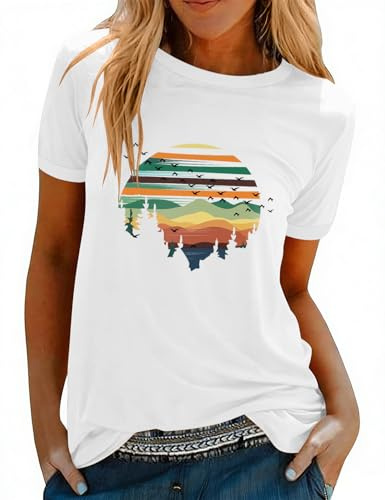 Fashora Tee Shirt Femmes T-Shirt à Manches Courtes Col Rond en Coton Tee Imprimé de Cocotiers Boho Casual Vacances Plage Haut Décontracté Lâches
