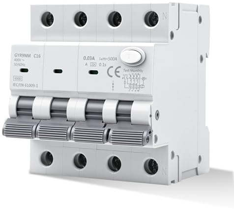 Jadeshay Disjoncteur Différentiel 30mA 16A Type A 3P+N RCBO 6KA Interrupteur Différentiel MCB AC 400V avec protection contre les courants de fuite, les surcharges et les courts-circuits