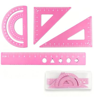 YIPFEN Jeu de Règles Géométrie 4 Pièces Rose avec Boîte - Equerre Ecole & Règle 20cm, Gravures Durables pour Précision Absolue sur Devoirs et Travaux Manuels