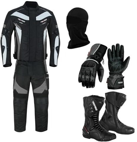 A Full Set of Waterproof Motorbike 2 Piece Suit in Cordura Fabric and Armour - Jacket + Trouser + High Ankle Boots + Gloves- Racing Touring Events (Grey, 2XL - 44 Chest / 38 Waist)