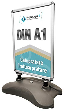 DisplayLager, Dänische Qualität - Grauer Plakatständer Wind-Sign | Für Postermass DIN A1 594x841 mm. Robuster Wetterfester Kundenstopper. Standgewicht für hohe Windgeschwindigkeiten und Rollen