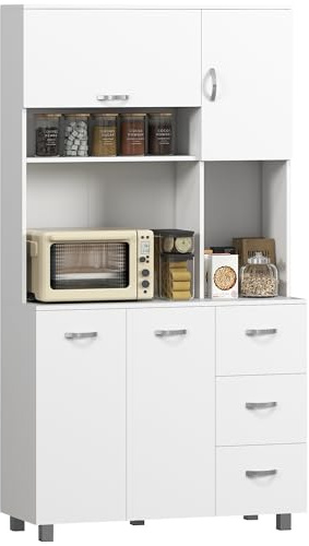 HOMCOM Kitchen Cupboard, 183cm Tall Storage Cabinet with Countertop, Sideboard with 3 Small Drawers, Flip Up Top Door, 3 Cabinet Doors and Open Shelves, 100W x 39.5D x 183.5H cm, White