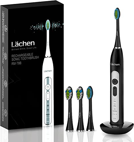 Lächen elektrische Zahnbürste Schallzahnbürste mit 4 Aufsteckbürsten und Timer, 3 Modi & 3 Vibrationsstärken mit Reisetasche B-schwarz