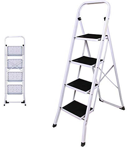 Marchepied Échelle 4 Marches, Multifonctions Escabeau Antidérapante Pliante avec poignée, Capacité de 150 KG, Blanc et Noir