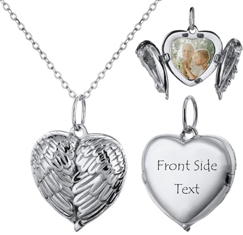 MeMeDIY Collana Donna con Medaglione con Foto Personalizzata in 925 Sterline d'argento Cuore Ali d'angelo Ciondolo Oro/Oro Rosa Inciso Messaggio Pendente Idee Regalo Donna per Mamma Fidanzata