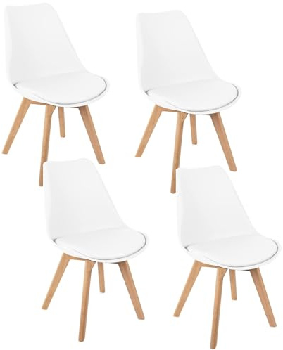 HJhomeheart Juego de 4 Sillas de Comedor, Patas de Madera Maciza, Cojín de Silla Extraíble, Silla de Cocina, Silla Moderna (Blanco-4)