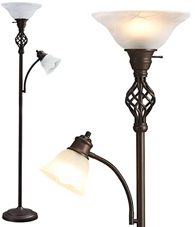 GyroVu Torchiere Floor Lamp for Living Room, LED Standing Reading Light for Bedroom with Glass Shade for Living Room Corner Bedroom Home Office,Bulbs Included (Red Brown,Glass 2 Head)