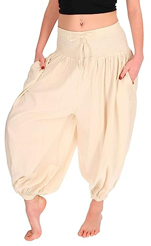 Kunst und Magie Damen Hose Baumwoll Yoga Freizeit Haremshose Wellnesshose Pluderhose Ballonhose, Größe:XXL, Farbe:Naturfarben