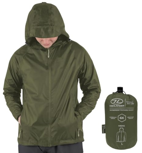 Highlander Vattentät jacka för män – Stow & Go Packaway jacka – ultimat vattentätt skydd, lätt och andas, perfekt för vardags- och utomhusäventyr, Olivgrön, M