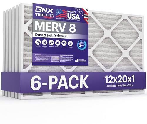 BNX TruFilter 12x20x1 Air Filter MERV 8 (6-Pack) - MADE IN USA – Dust & Pet Defense Pleated Air Conditioner HVAC AC Furnace Filters for Dust, Pet, Mold, Pollen MPR 600 – 700 & FPR 5