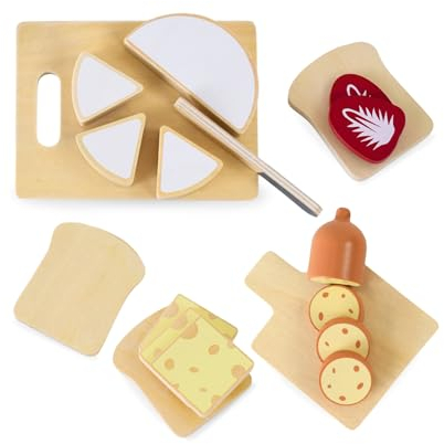 Mamabrum Toy Set de Petit-déjeuner en Bois pour Enfants, Nourriture ludique, Accessoires pour la Cuisine Jouet, Petit Chef, équipement de Cuisine pour Enfants, Planche à découper pour Les Plus Jeunes