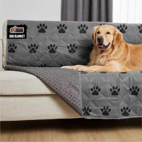 GORILLA GRIP® Waterproof Dog Blanket, 82x52, Leakproof Couch Cover for Dogs, Silicone Grip Backing, Protects Sofa, Sectional, Bed, Crate, Car & RV, Tear-Resistant Washable Senior Pet Blanket, Gray Paw