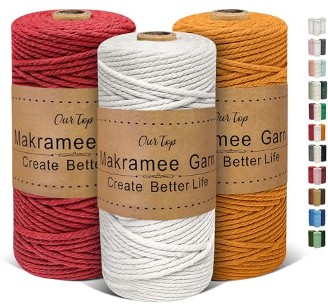 OurTop Corda Macramè 3mm Set, 3mm x 100m Filo Macrame Corda Macramè Filo Morbido Filato Macrame per Fai Da Te, Artigianato, Lavori a Maglia, Lavori Decorativi(Natura, Giallo Scuro, Rosso)