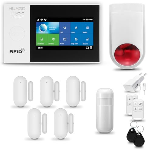 HUXGO® HXA007 Funk Alarmanlage Set WiFi + GSM 4G mit Solar Alarmsirene | Alarm System mit Bewegungsmelder, 5X Fensteralarm/Türsensoren | Alarmanlage fürs Haus, Wohnung, Wohnmobil | Smart Home