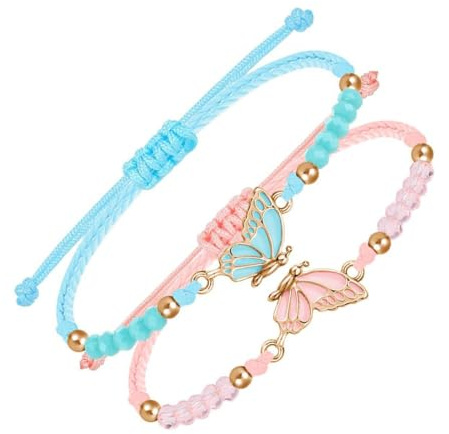 2 bracciali dell'amicizia con ciondolo a forma di farfalla, regolabile, per ragazze