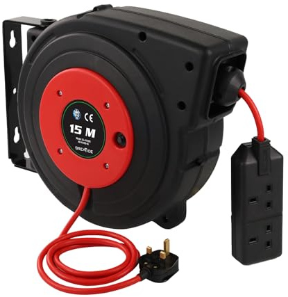 GREATIDE Kabeltrommel, einziehbar, automatisch, 15 + 1,5 m, Verlängerungskabeltrommel für Wand/Deckenmontage/Zaun/Garten, Rot
