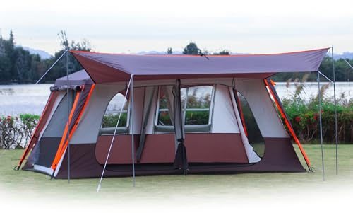 KTT Extra Large Tent 12 Person,Family Cabin Tents,Awning,2 Rooms,4 Doors and 4 Windows with Mesh,Straight Wall,Waterproof,Double Layer,Big Tent for Outdoor,Picnic,Camping,Family Gathering(Brown)