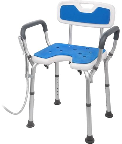 Duschstuhl für senioren, Duschstuhl mit Abnehmbarer Rückenlehne und Armlehne,Höhenverstellbar, Duschsitz mit rutschfeste Fußstützen, Tragfähigkeit von 150 kg, Werkzeugfreie Montage