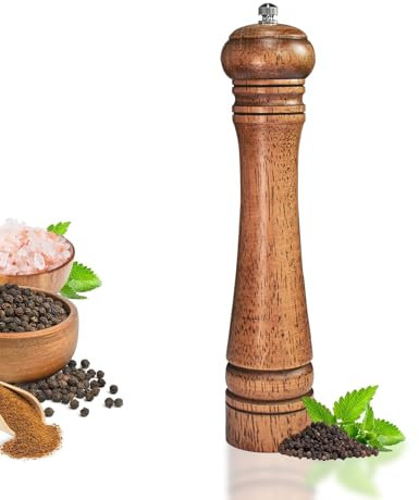 1 Pack - 10 Inch tall Wooden Pepper Mill or Salt Mill Elegan Pepper Grinder Wood with a Adjustable Ceramic Rotor and Easily Refillable - Oak Wood Salt Grinder for Your Kitchen