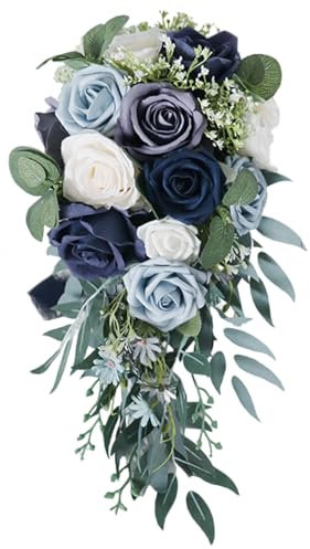 CUCUFA Bridal Bouquets for Bride - Drop Shape Wedding Flowers Bouquet, Blue Fake Roses for Ceremony, Church, Photography