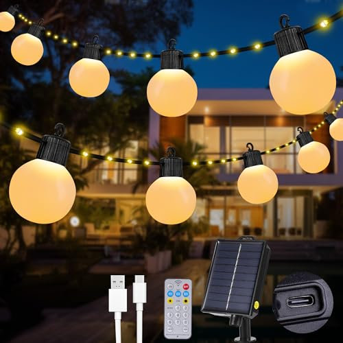Haoruey Solar Garden Outdoor String Lights, 26ft/8m 16pcs G50 Bulbs 80 LED Solar/USB Fairy Lights with Remote, Timer Function, Powered Lights Waterproof for Outdoor Garden Decor (Warm White)