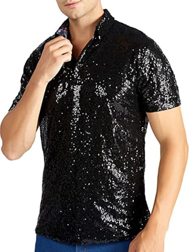 Felcia Herr Glittrande Avslappnad Vintage Toppar Kortärmad Uppvikt Glitter Pajetter Skjorta 70-tals Disko Nattklubb Festkläder för Män, A-svart, 3XL