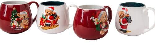 Christmas Bear Ceramic Mug 400ml Cute Holiday Coffee & Tea Cup Glossy Red & White Festive Drinkware Gift for Hot Cocoa or Christmas Gifting (H7.5cm X W6.5cm) Assorted Designs (Bear with Tree & Gifts)