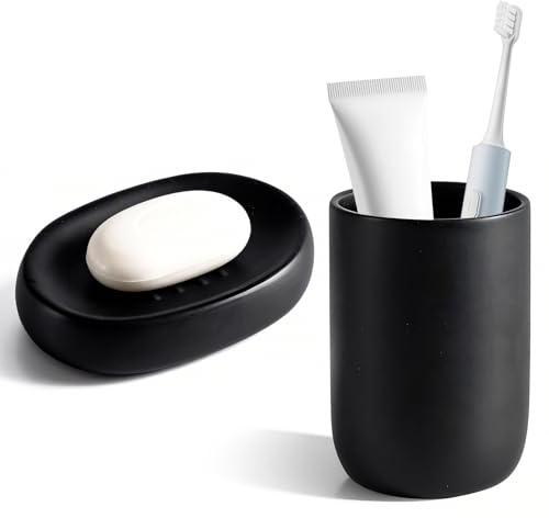 Bicchiere Spazzolino Nero,Portasapone in Ceramica Nero Opaco,Porta Saponetta,Scatola per Sapone,Bicchiere per spazzolini da denti,Per Bagno,Cucina,Viaggi